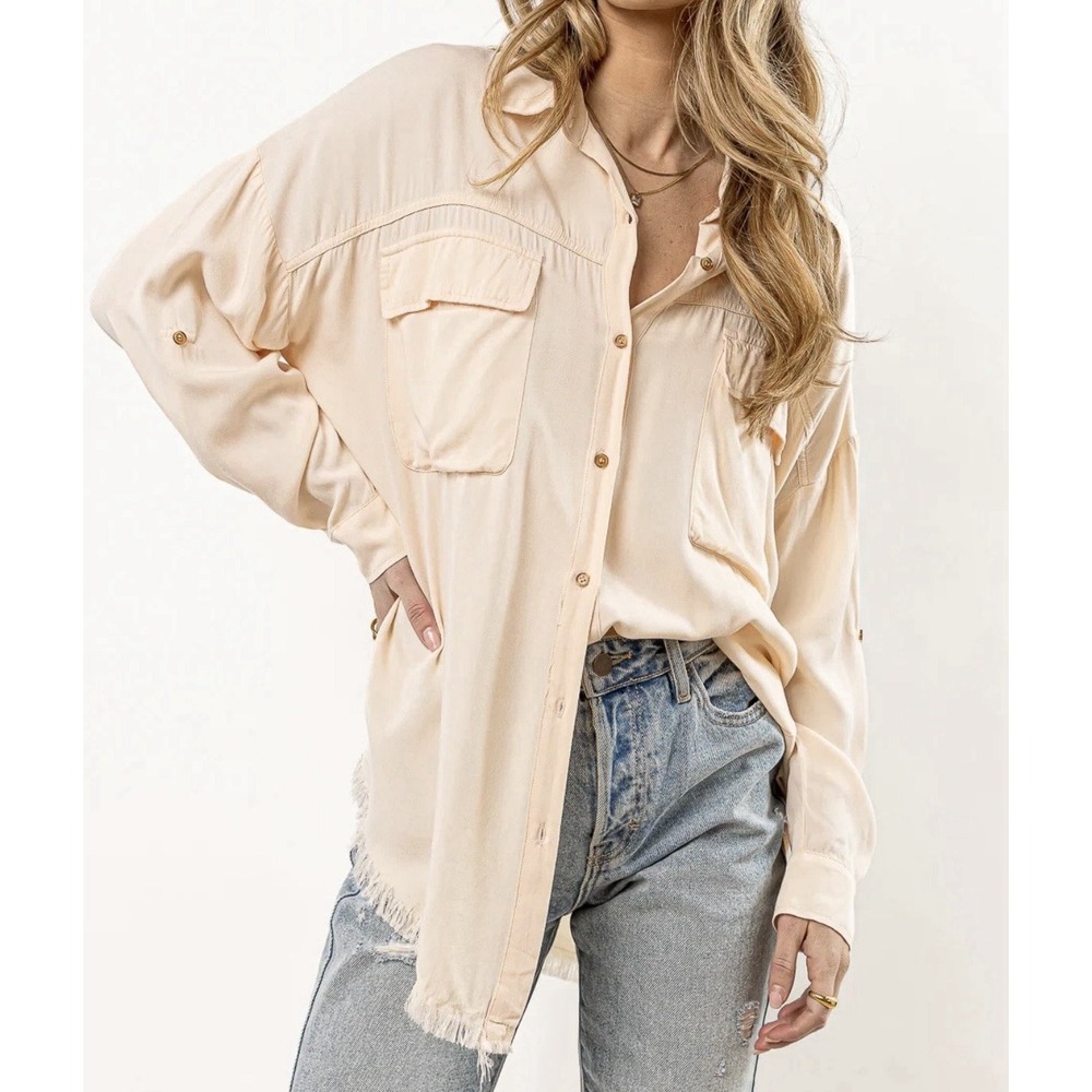 Bohme Boho Button-Up Tunic Shirt Peach Oversized Soft Girl Utility Raw Hem